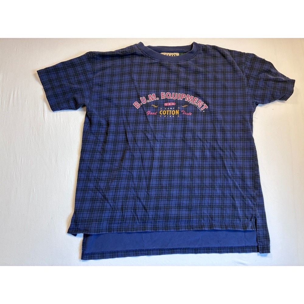 B.U.M. Equipment Men Blue Plaid Graphic Short Sleeve Cotton T Shirt M